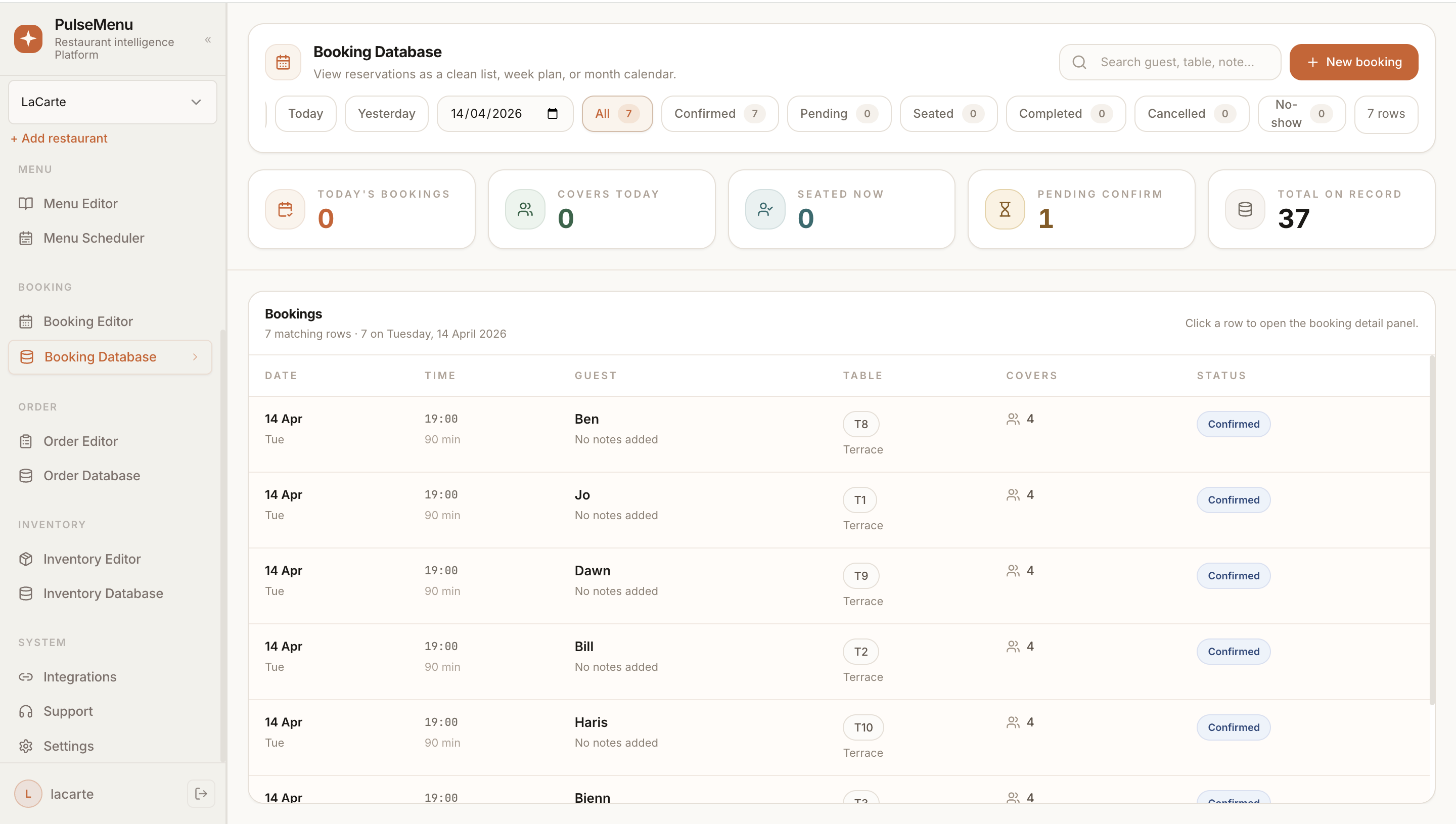 PulseMenu booking history